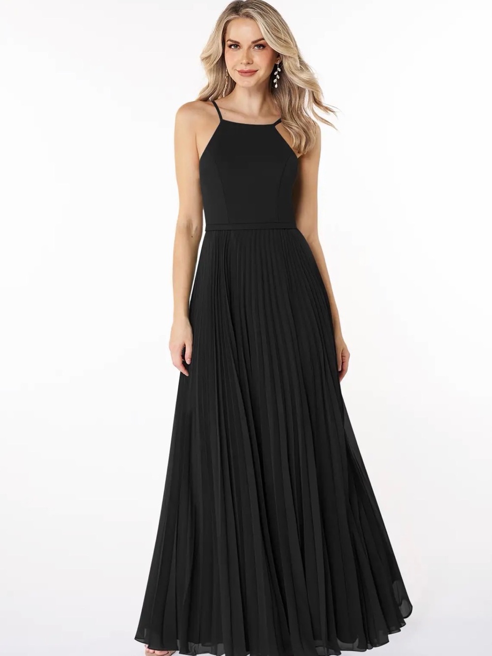 Azazie Black Pleated Maxi Gown with Spaghetti Straps